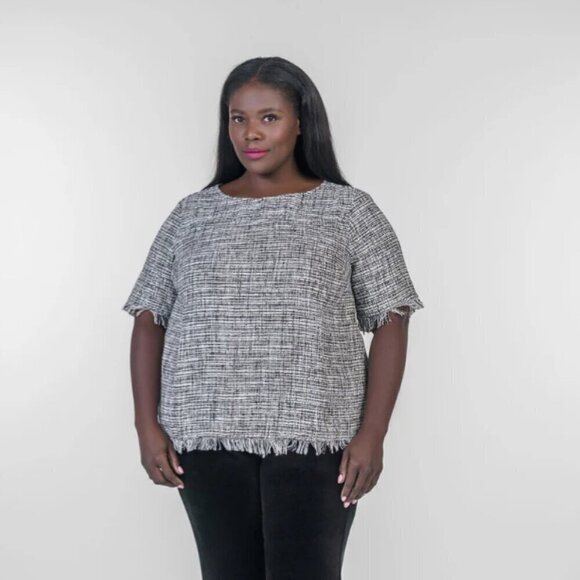 Maree Pour Toi Tweed Fringe Blouse Plus Black White NWT Workwear Business Top - Picture 3 of 13